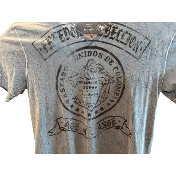 GUESS Denim Rebellion Distressed Graphic T-Shirt Blue Crinkle Wash XL Streetwear - Picture 2 of 9